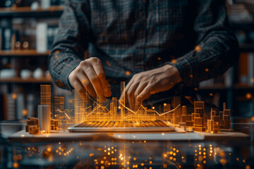 Businessman analyzing company's financial balance sheet working with digital augmented reality graphics. Businessman calculates financial data for long-term investment.
