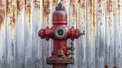 Fototapeta premium Rugged fire hydrant with worn fittings, pipes and metalwork in industrial environment.