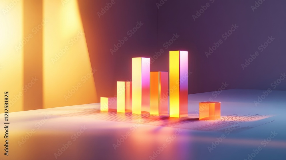 Poster a digital d bar graph displayed above a financial report, with light reflections and shadows enhanci