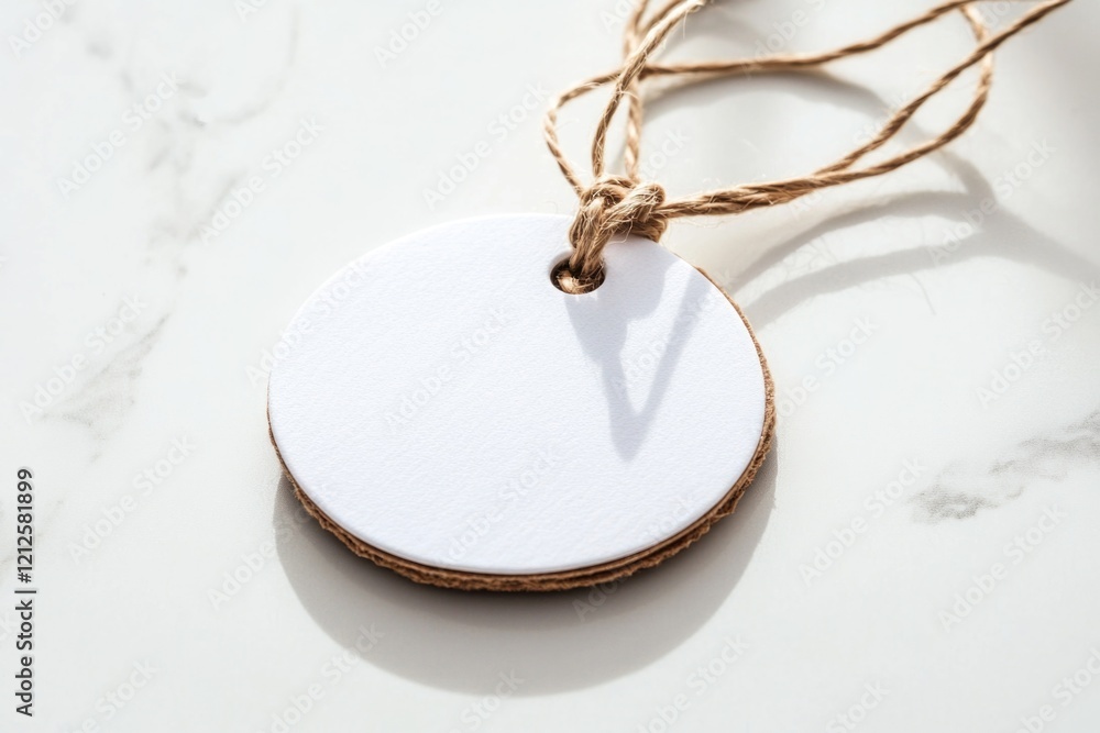 Poster a simple white tag tied to a string on a table, great for various uses such as labeling or decoratio