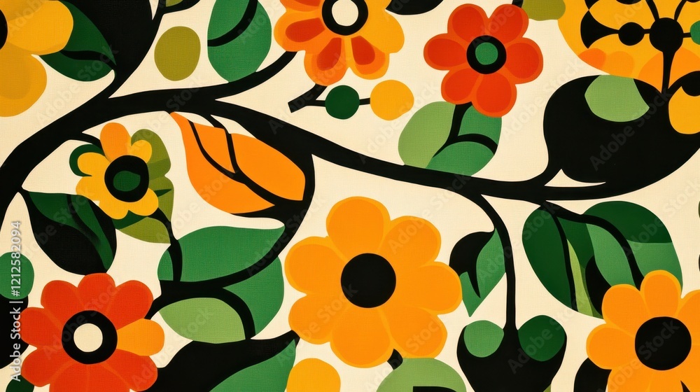 Poster vibrant botanical patterns with bold leaves and delicate branches abstract art graphic design colorf