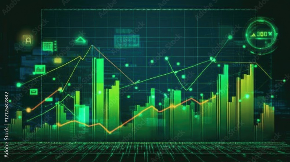 Poster a digital stock graph with candlestick patterns and a rising trend line in green, surrounded by real