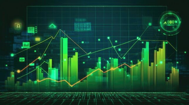 A digital stock graph with candlestick patterns and a rising trend line in green, surrounded by real-time market data and futuristic icons, symbolizing growth.