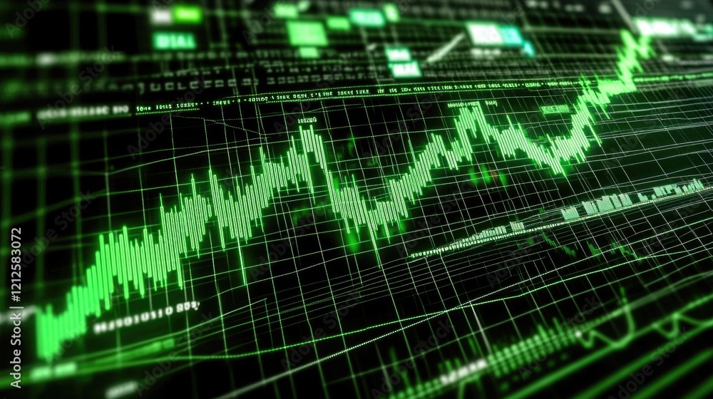 Aufkleber a digital stock graph with candlestick patterns and a rising trend line in green, surrounded by real