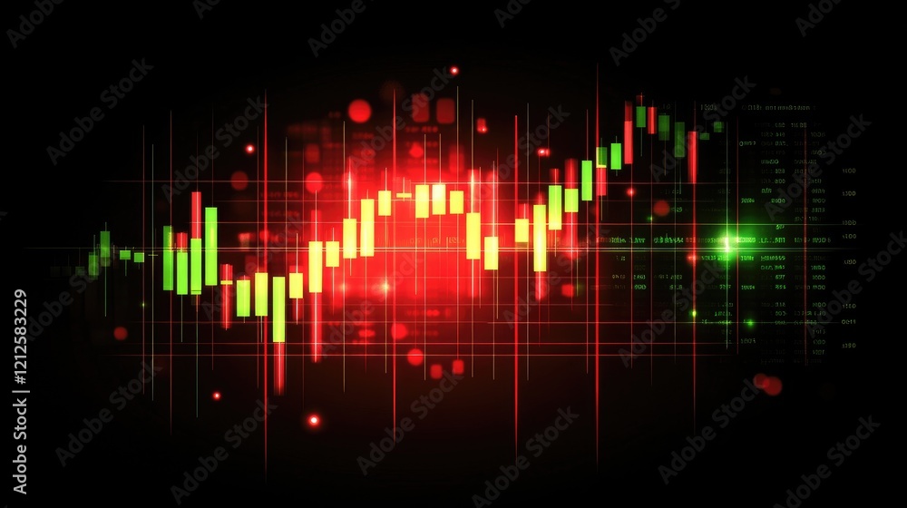 Poster a digital stock market graph showing green and red candlesticks on a dark background, with glowing n