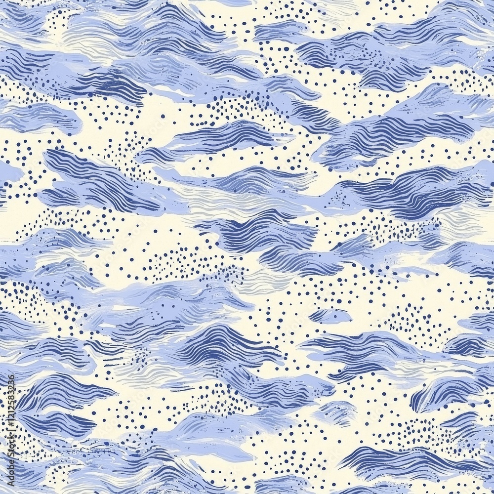 Poster modern style seamless pattern with wavy ocean, horizontal curly waves, and minimal polka dot doodles