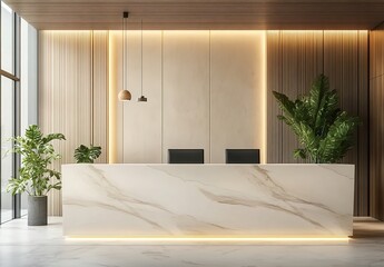 A sleek reception desk with a marble top and a white background wall, showcasing an office environment in the backdrop.