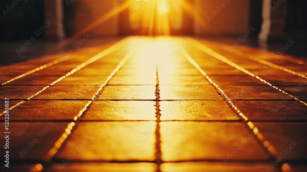 Poster captivating close-up of modular ceramic tiles with rustic textures during golden hour in an indoor s