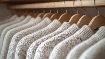 Fototapeta premium Soft Neutral Knitwear Collection Cozy Cashmere Wool Sweaters on Wooden Hangers