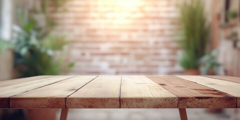 A wooden table stands in front of a brick wall, simple and rustic