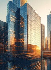 Obraz premium Modern skyscraper hotel, exterior view, architectural rendering, high-rise building with glass curtain wall and reflective surface