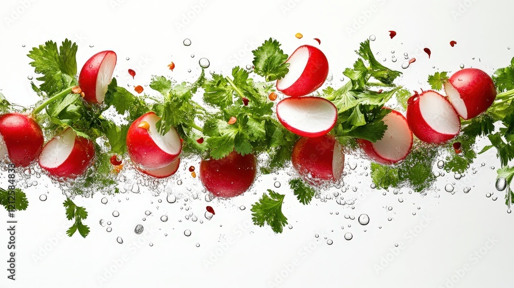 Aufkleber radishes and cilantro submerged in sparkling water, creating a vibrant and refreshing image ideal fo