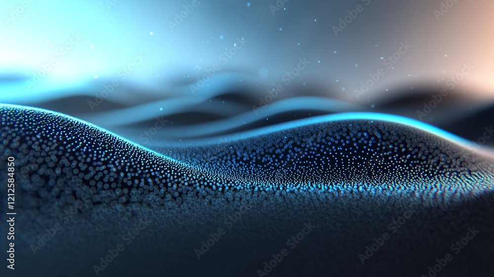 Poster in a futuristic hi-tech illustration, digital background includes floating, glowing particles. it il