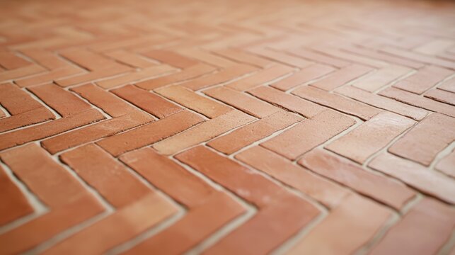 A close-up view of a classic herringbone brick floor pattern in warm terracotta tones, showcasing texture, craftsmanship, and timeless design.
