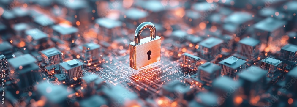 Poster with a focus on cyber security and data protection, a businessman employs a padlock to secure busine