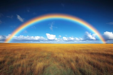 Naklejka premium Vibrant rainbow arcing over a golden field under a blue sky.