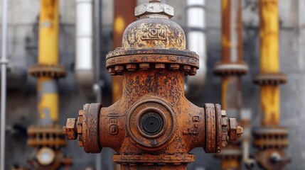Fototapeta premium Rusty fire hydrant close-up with detailed valve and industrial pipes in background.