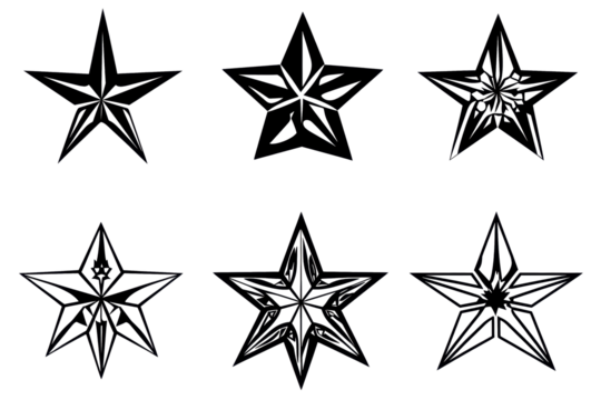 Count of six five point stars on a transparent background with transparent inside empty space