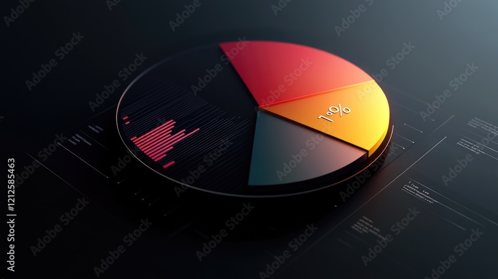 Poster a dynamic d pie chart with segments of varying widths, rotating slightly to show depth, surrounded b
