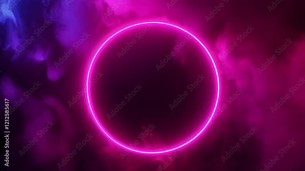 Poster neon halo transition through colorful mist with evolving circular motion