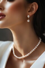 A person wearing pearl necklace and earrings, classic and elegant style