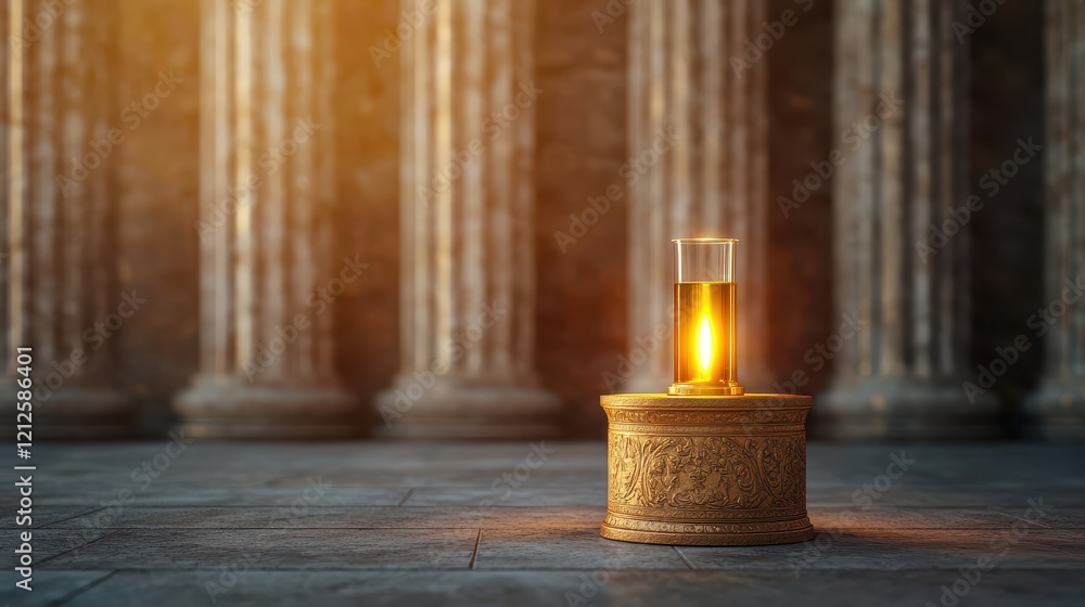 Poster elixir of life concept, glowing elixir of life in ornate vessel amidst ancient columned architecture
