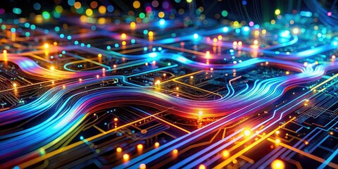 Fototapeta premium Futuristic landscape: digital data streams flow across a circuit board, visualizing AI and binary code in cyberspace.