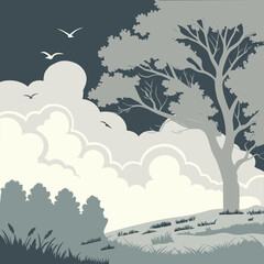 Clouds, sky, meadow, trees and bird gray colors and monochrome color,flat and graphic design. Vector pattern.