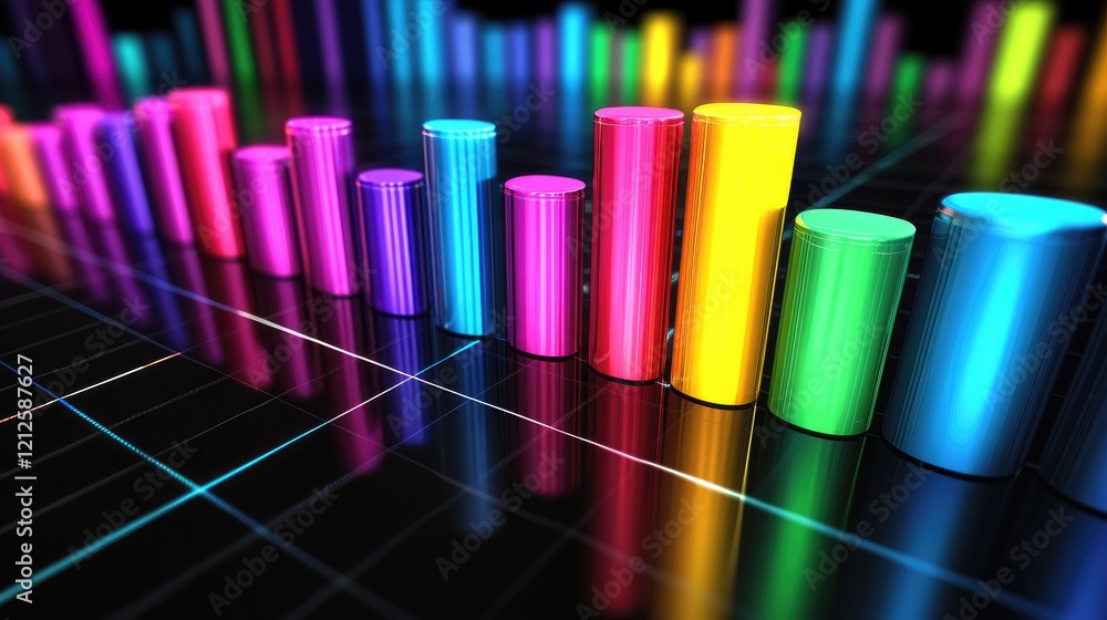 Poster a futuristic d bar graph with glowing edges and vibrant colors, set in a digital environment, repres