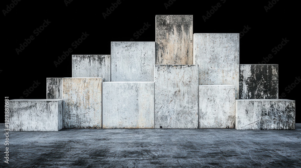 Poster modular concrete blocks arranged dynamically, seamlessly blending into urban landscapes with abstrac