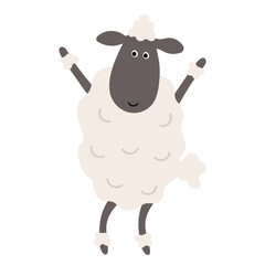 Happy Cartoon Sheep Illustration with Raised Arms in Minimalist Style for Kids' Products and Playful Designs