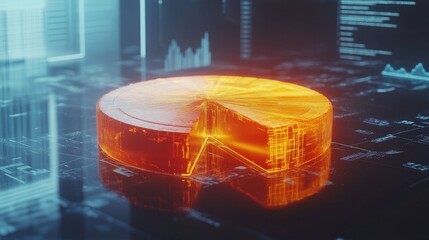 A futuristic D pie chart with floating segments, representing the global financial market share, with animated financial symbols and graphs in the background.