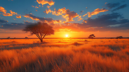 Obraz premium African savanna sunset landscape, fiery sky, lone tree, travel poster