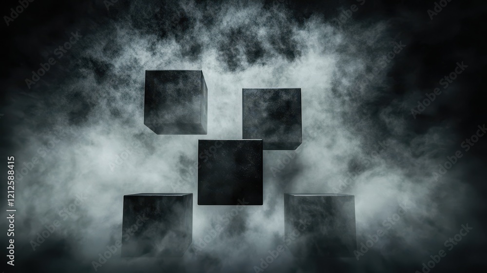 Poster floating modular cubes with glowing edges drift through a vast void, captured in high-resolution ima