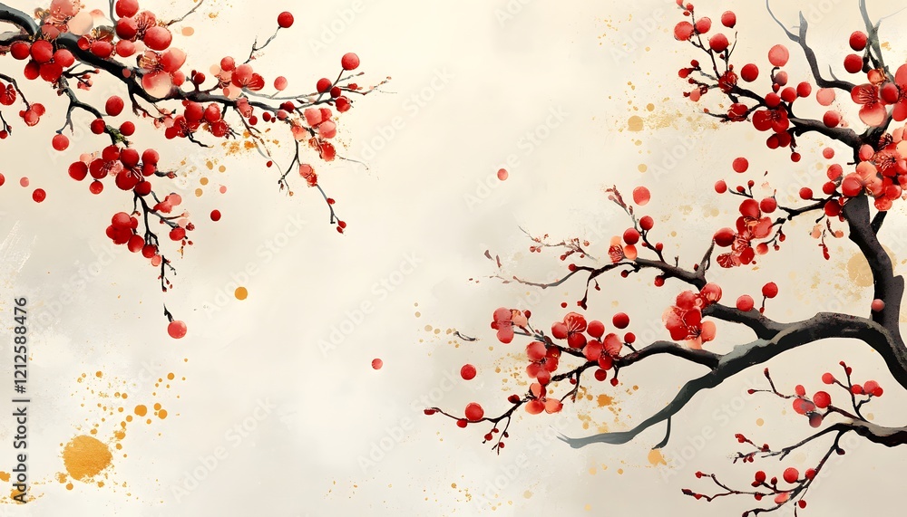Aufkleber elegant and artistic representation of cherry blossom branches with red berries and soft background 
