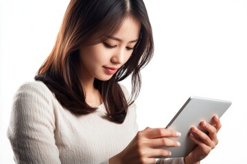 Fototapeta premium A woman holds a tablet computer, ready to use