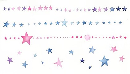 Colorful star patterns in shades of pink and blue on a white background.