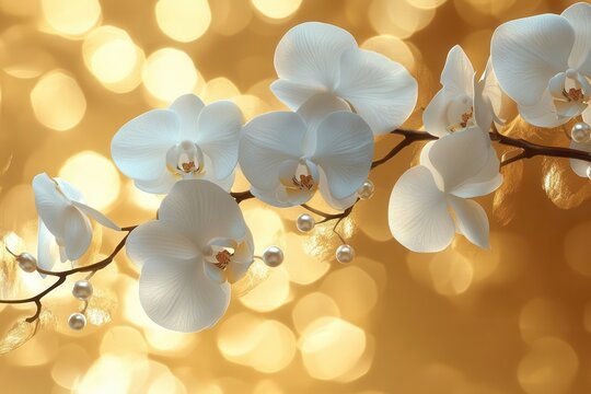elegant white orchids and pearl strands arranged in spiral pattern on metallic gold leaf background with soft bokeh effect and delicate light rays