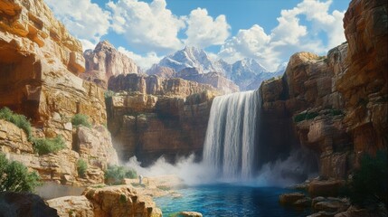 Majestic waterfall cascades through rocky cliffs against a backdrop of snowy mountain peaks