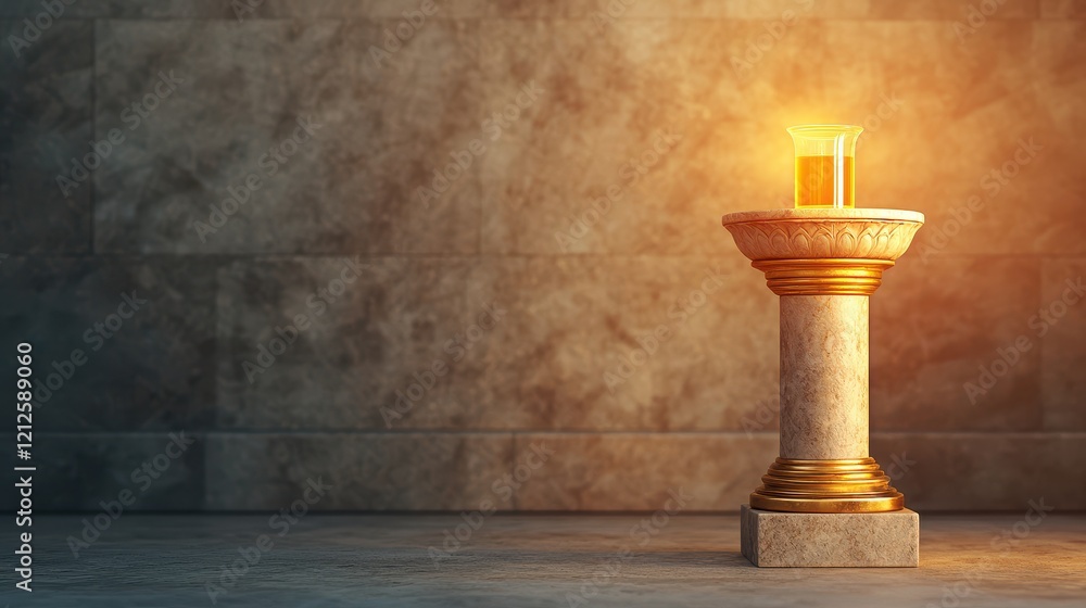 Poster elixir of life concept, glowing elixir of life in royal treasury setting with elegant column and war