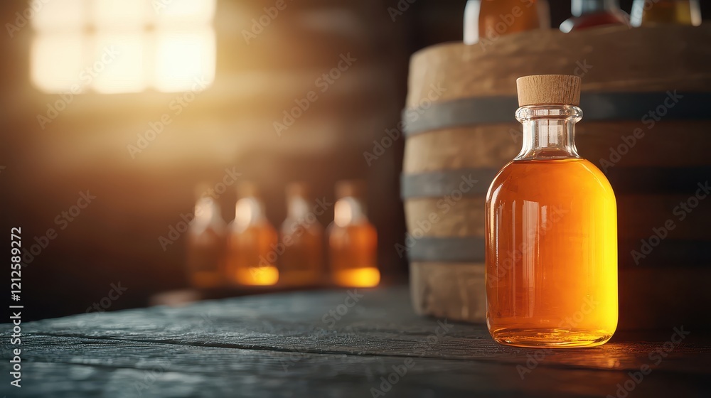 Poster elixir of life concept, rustic workshop scene featuring bottle of golden elixir on wooden table surr