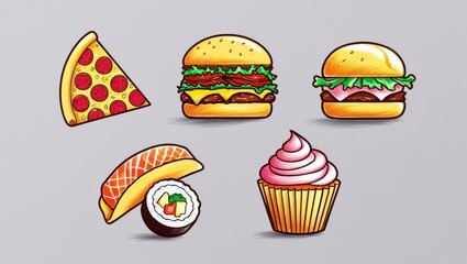 Delicious Fast Food Dessert Illustration Pizza Burgers Sushi Cupcake