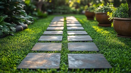 Obraz premium Garden path made of square stone tiles surrounded by greenery