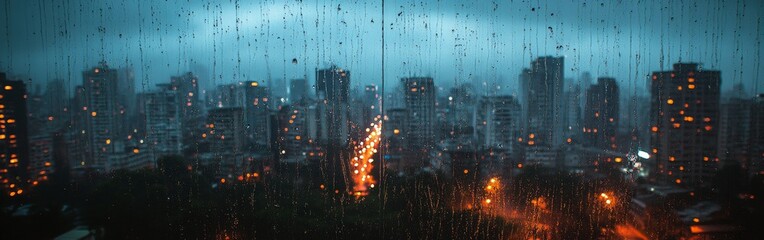 Fototapeta premium A rainy cityscape at dusk seen through a window, evoking cinematic melancholy. Great for urban storytelling, emotional visuals, and drama-themed projects.