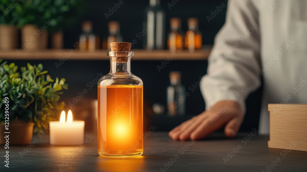 Aufkleber elixir of life concept, rustic workshop with elixir of life displayed under soft candlelight glow in