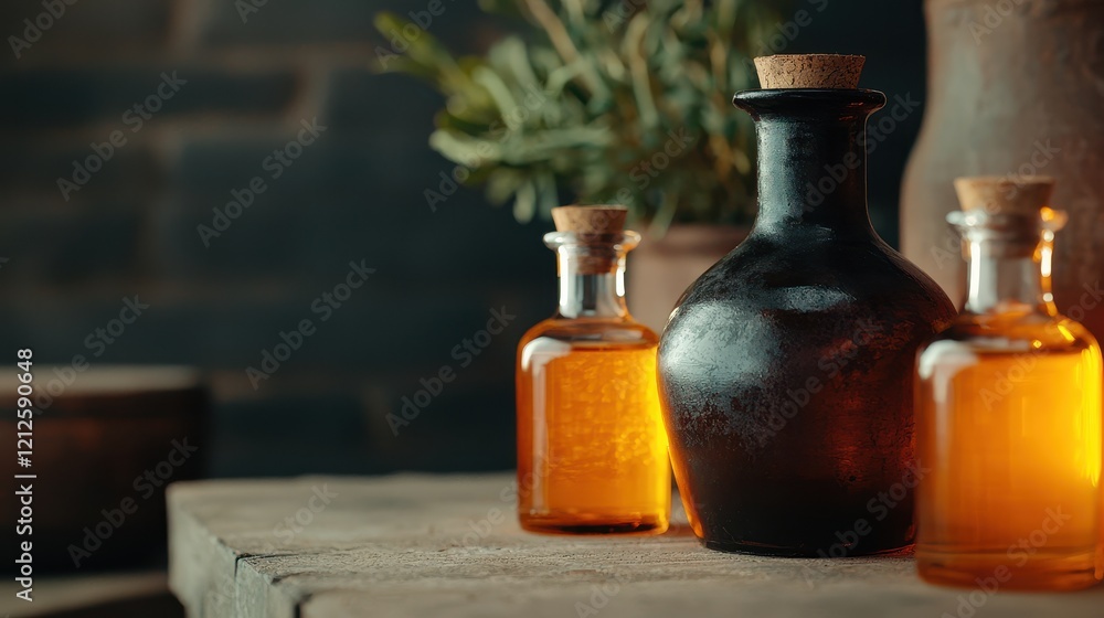 Poster elixir of life concept, rustic workshop displaying bottles of elixir of life with warm glow and natu