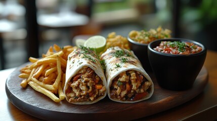 Restaurant Chicken Wraps, Fries, Salsa, Background
