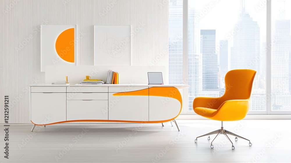Poster enhancing workspace efficiency with a modular workstation featuring movable panels and integrated de