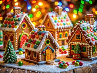 Naklejka premium Enchanting gingerbread houses, candy-coated, bathed in long-exposure holiday light.