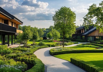 Obraz premium A photograph of modern, beautiful, and welcoming country houses with large lawns near the highway in Poland